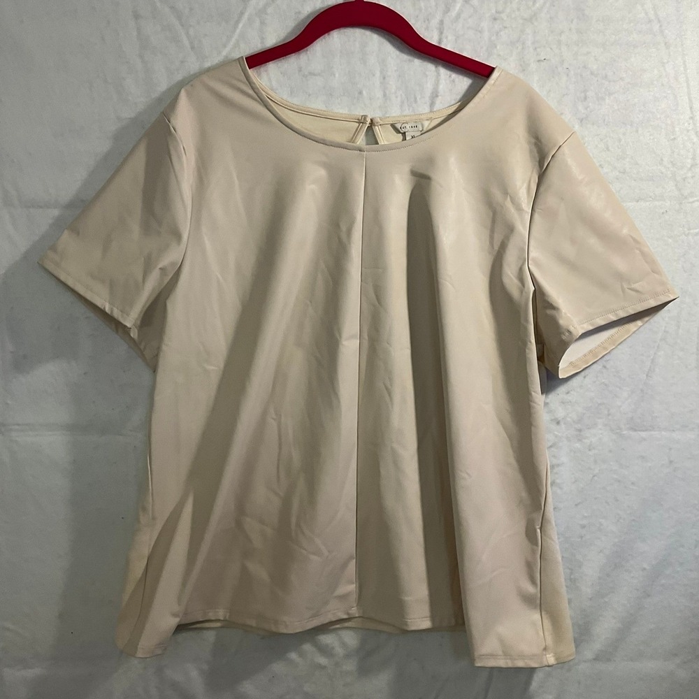 Est. 1946 Top Women XL Cream Faux Leather Mixed Media Short Sleeve Blouse